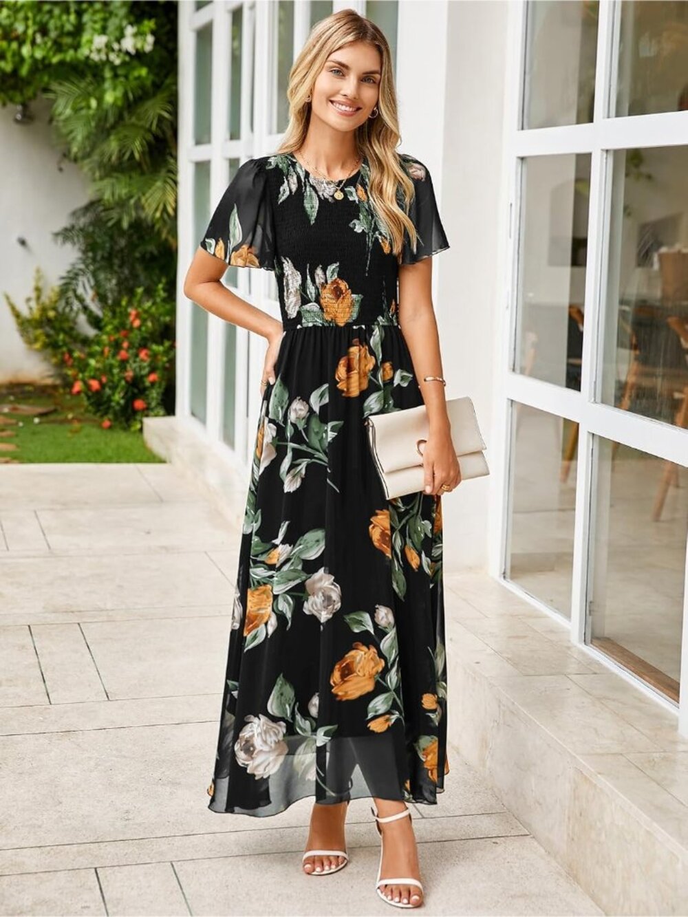 Women's Black Crew Neck Floral Boho Flowy Short Sleeve Cocktail Maxi Dress - Picture 3 of 6